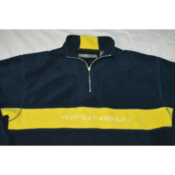 Perry Ellis America Active Spellout Fleece Pullover 1/4 Zip Yellow Navy Blue L - Picture 1 of 5